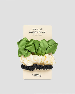 Set Haargummis Twisty aus 100% Naturseide - grün, creme, schwarz 3 Stück. - 1