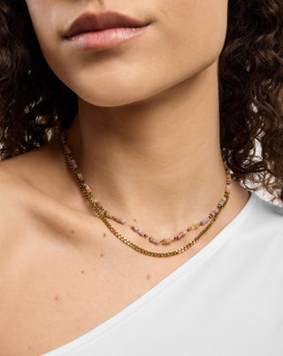 Halskette aus vergoldetem Edelstahl mit Mys_1 aus rosa und zitronengelber Jade - 2
